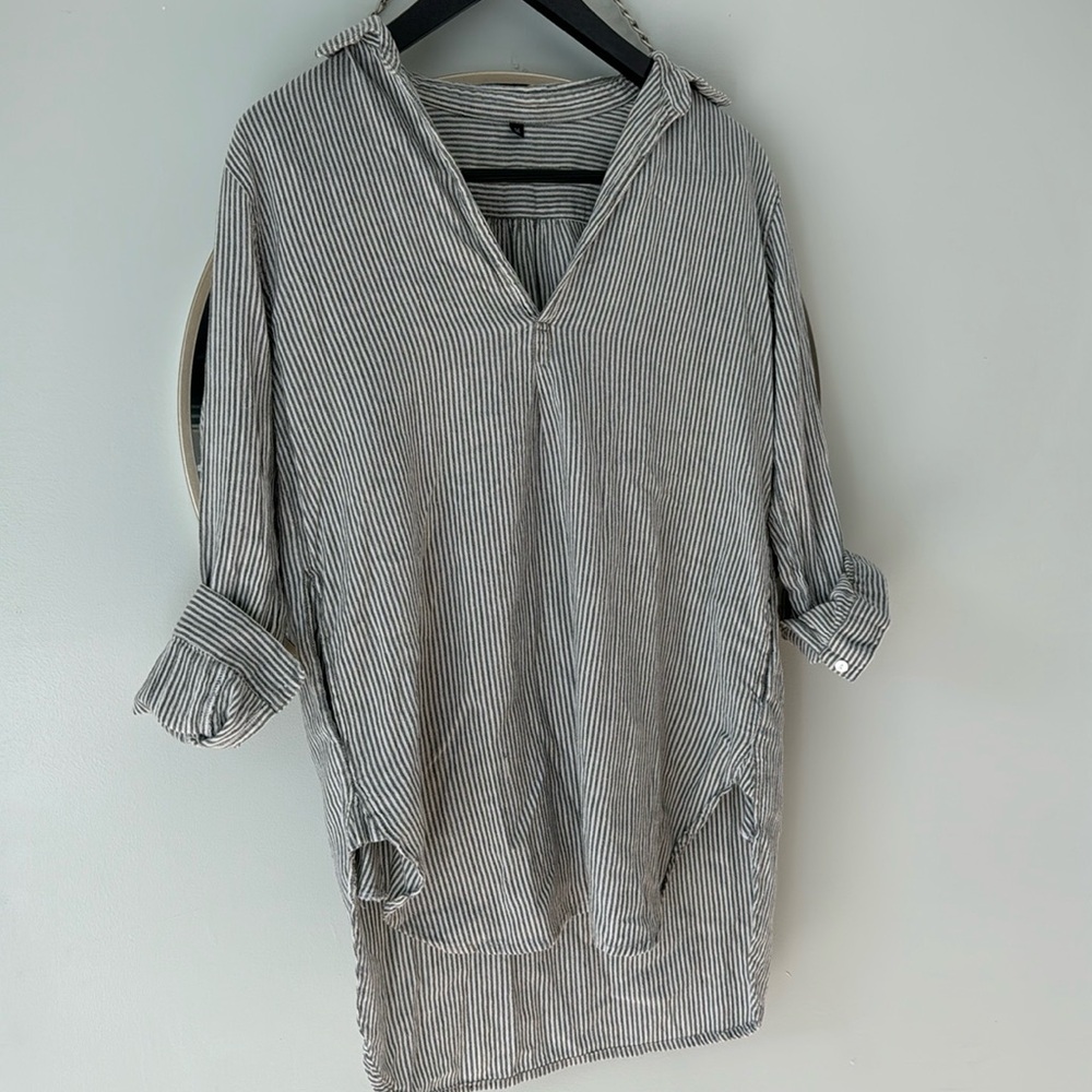 High low collar striped dress w pockets sz M